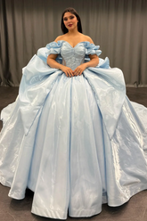 Exquisite Baby Blue Satin Quinceanera Dress Off-Shoulder Beaded Ball Gown with Sequins & Bow Detail for Sweet 16 & Birthday Parties